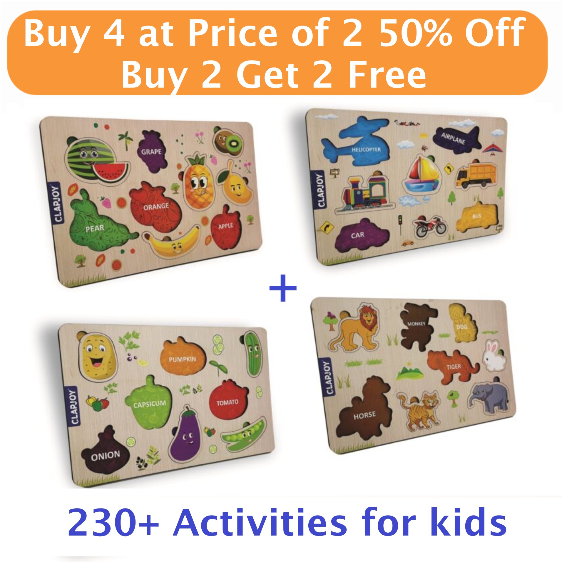 Clapjoy Wooden Learning Educational Board for Kids (Buy 2 Get 2 Free) (230+ Activities Learn Animals, Fruits, Vehicles, Vegetables, Color, Spelling & Shape)