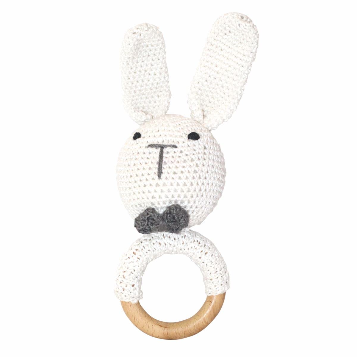 Clapjoy Handmade Crochet Bunny Ring Rattle Toy for 0-6 Babies | Teething Toy