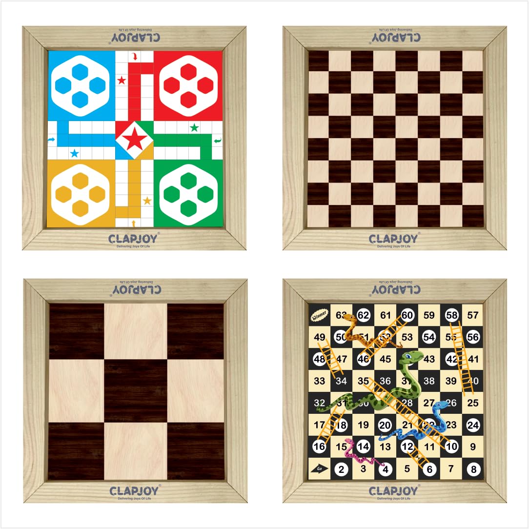 Clapjoy Wooden 4 in 1 Board Game for Kids & Adults| Ludo & Chess |Snake Ladder & Tic Tac Toe