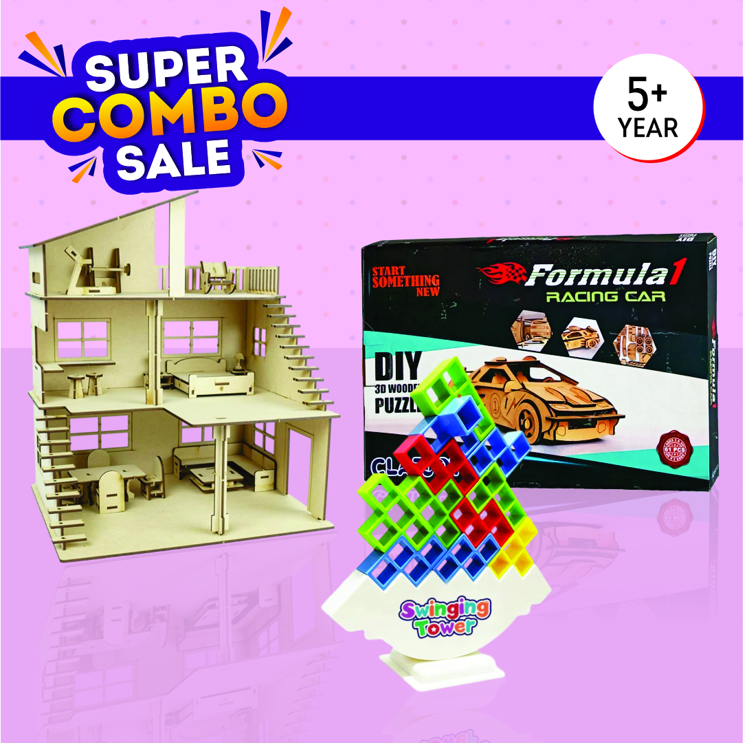 Clapjoy 3D Wooden Puzzle Car, Stacking Tower, Doll House Combo