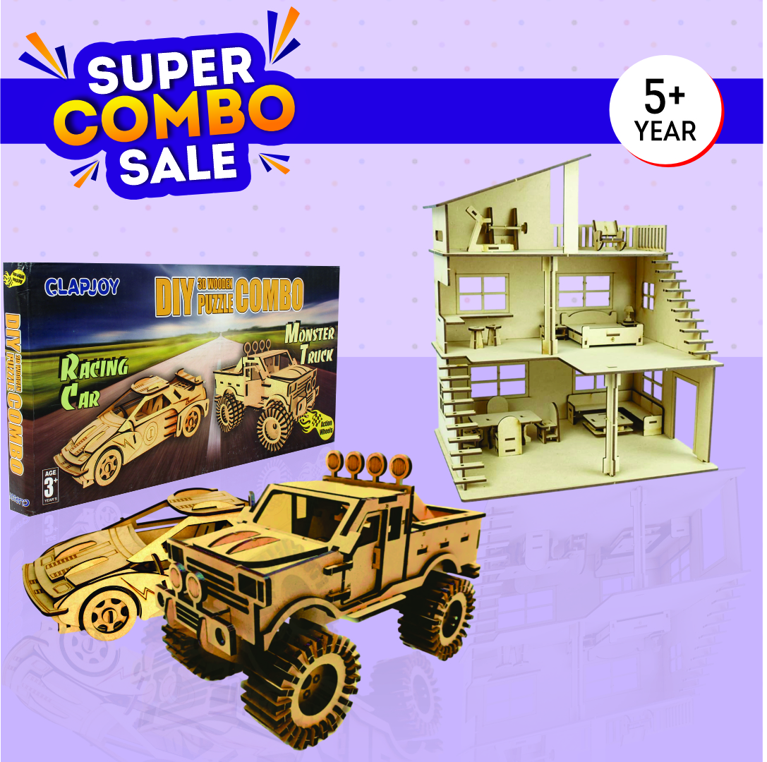 Clapjoy 3D Wooden Puzzle – Wooden DIY kit Racing Car, Monster Truck  , Doll House Combo