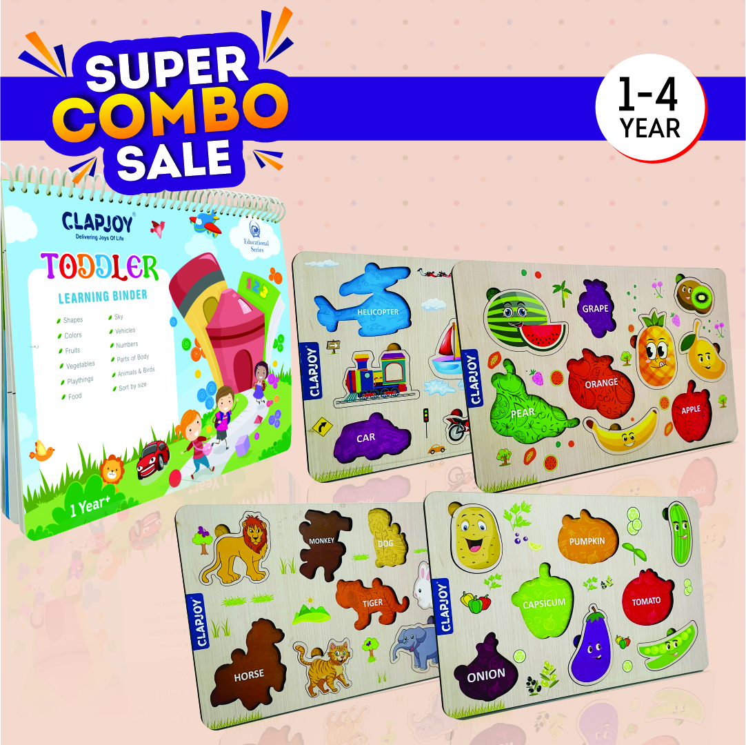 Clapjoy Velcro Level 1, Wooden Learning Educational Puzzle 4 Tray Combo
