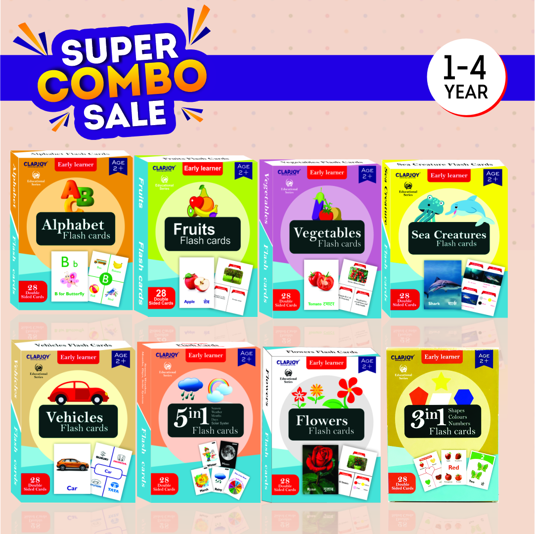 Clapjoy Combo of 8 Flash Card(Alphabet, 3 IN 1, Fruits, Vegetables, Sea Creatures, Flowers, 5 IN 1, Vehicles, Community Helpers)