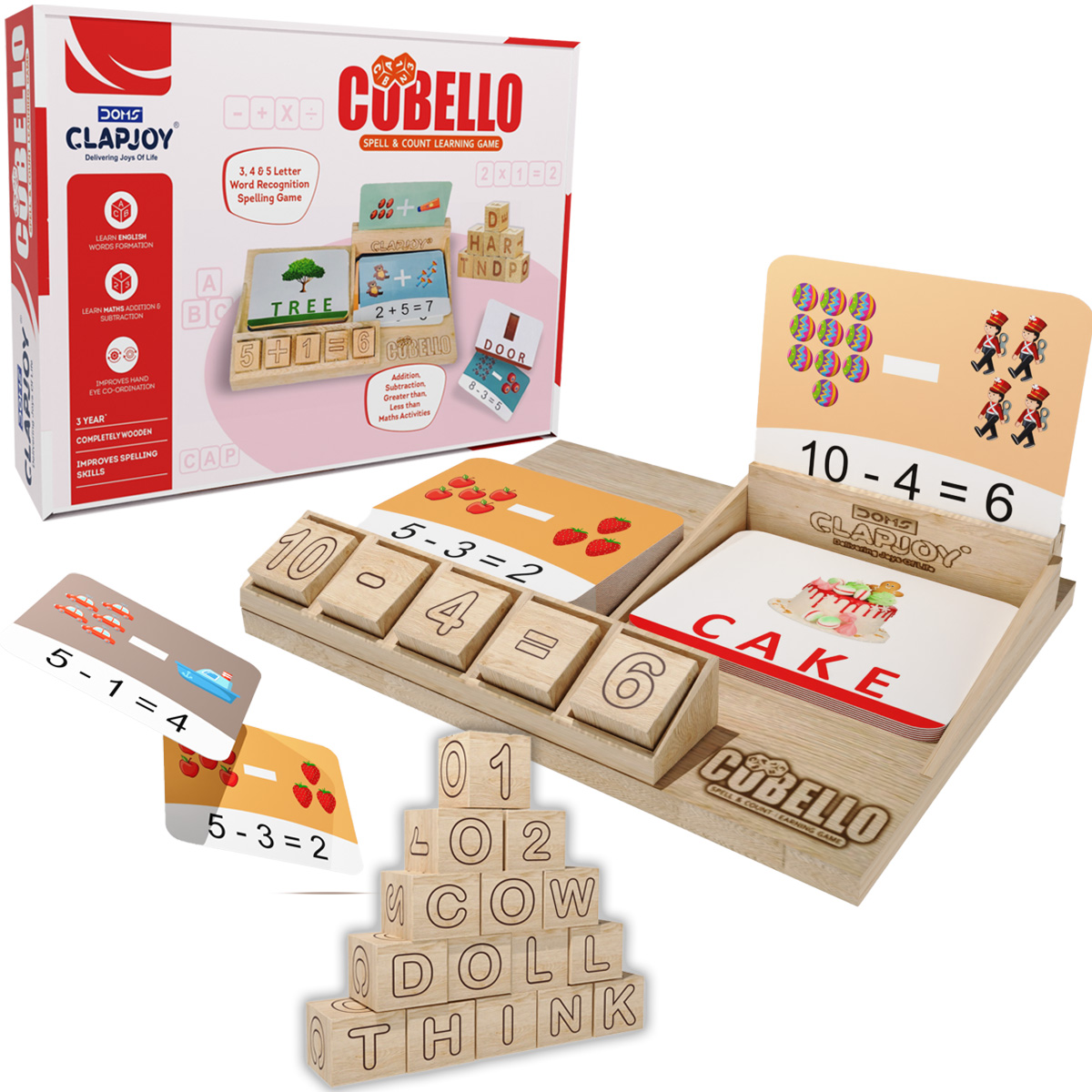 Clapjoy Cubello Spelling, Addition and Subtraction Learning Toy for Kids Learning Word Game & Math with Flash Cards, Montessori Learning Educational Toy for Preschool Kids Age 2-5 Years