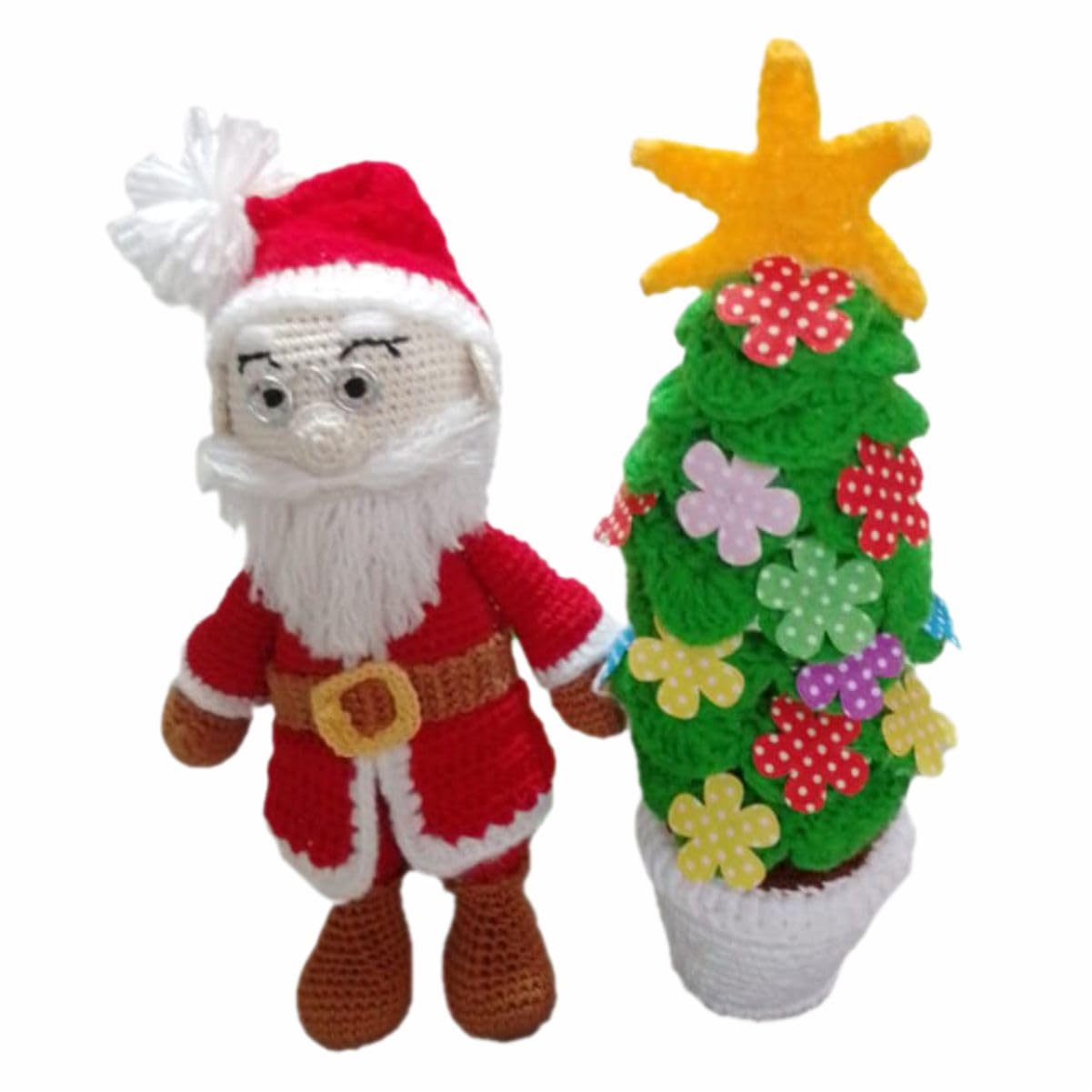 Clapjoy Crochet Handmade Christmas Decorations – Santa Claus Figurine & Decorated Tree Set Festive Holiday Decor