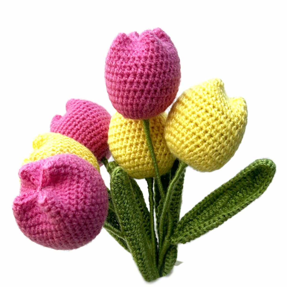 Clapjoy Handmade Crochet Tulip Bouquet – Pink & Yellow – Set of 6 Flowers – Decorative Gift for Home, Weddings & Special Occasions