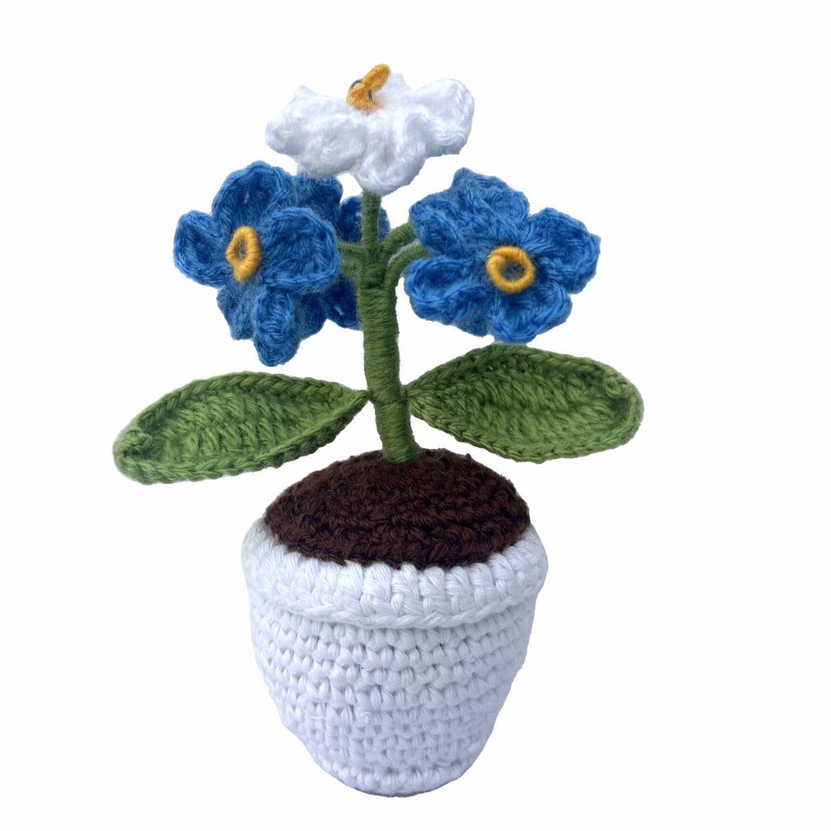 Clapjoy Handmade Crochet Flower with Pot – Blue and White Flowers – 16 cm Tall – Decorative Home Décor Gift