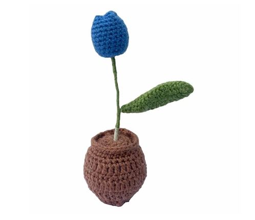 Clapjoy Handmade Blue Bud, Green Leaf, Brown Pot Crochet Flower