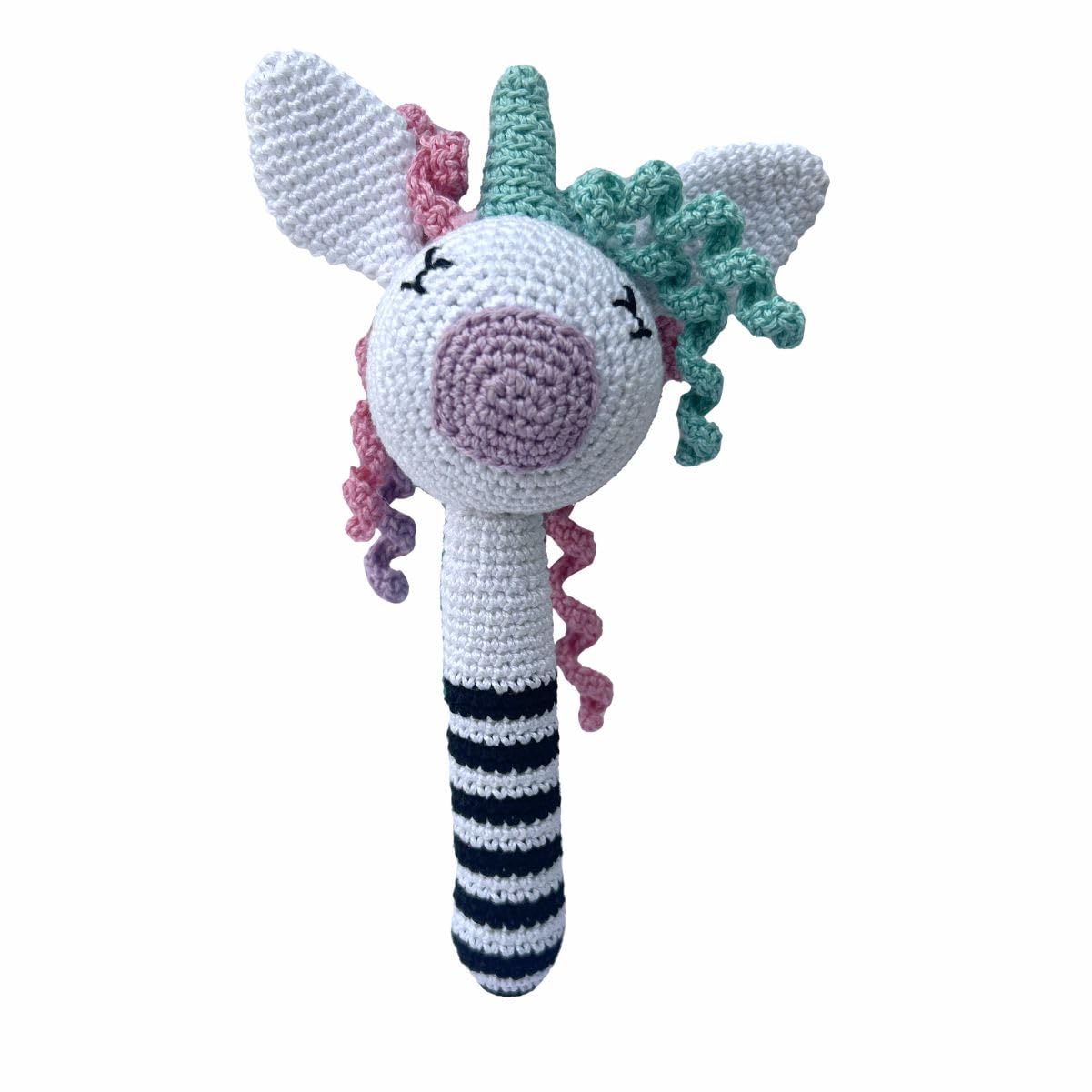 Clapjoy Baby Rattle, Unicorn Long Rattle, 0-6 Months Montessori Sensory Toys for Babies, Handmade Crochet Baby Ring Rattle Toy | Teething Toy |