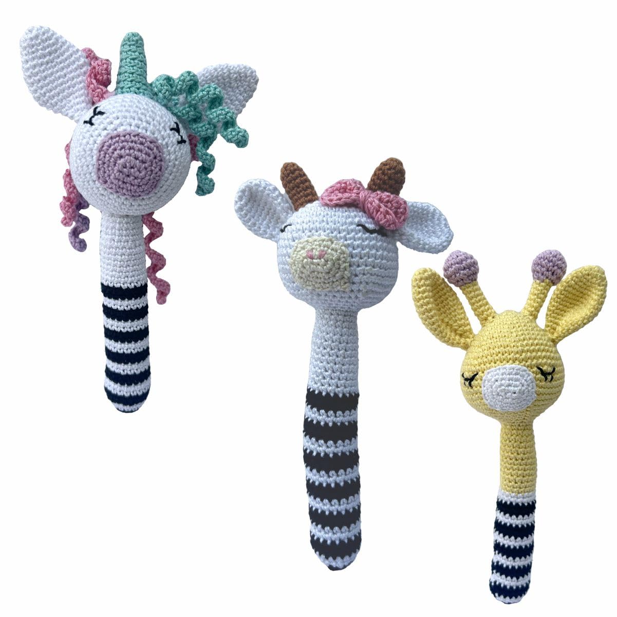 Clapjoy Baby Rattle,Long Rattle Combo 3 (Cow, Giraffe, Unicorn), 0-6 Months Montessori Sensory Toys for Babies, Handmade Crochet Baby Ring Rattle Toy | Teething Toy