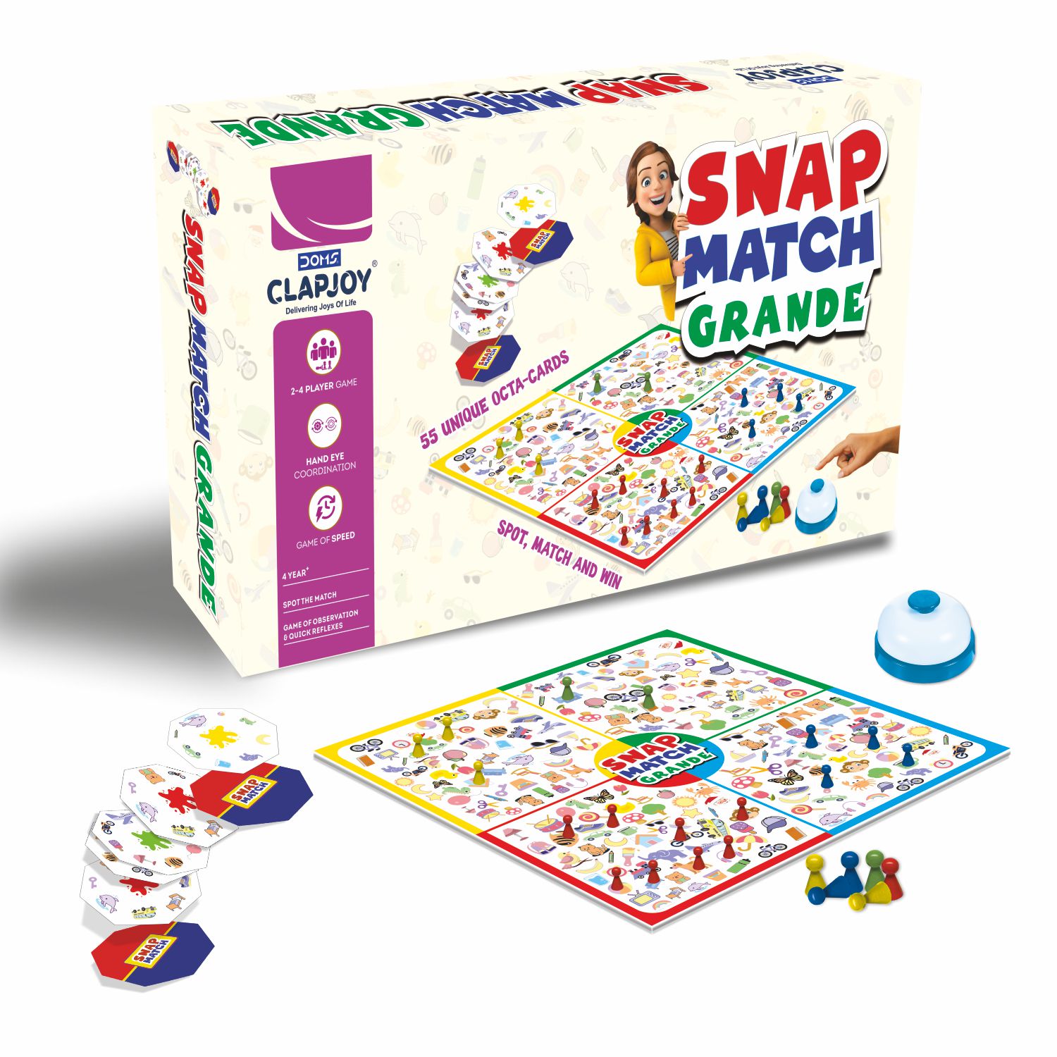 Clapjoy Snap Match Grande Game spot match & win game for 4 years plus and adults, 1 playing board, 55 cards, 32 pawns, 1 bell