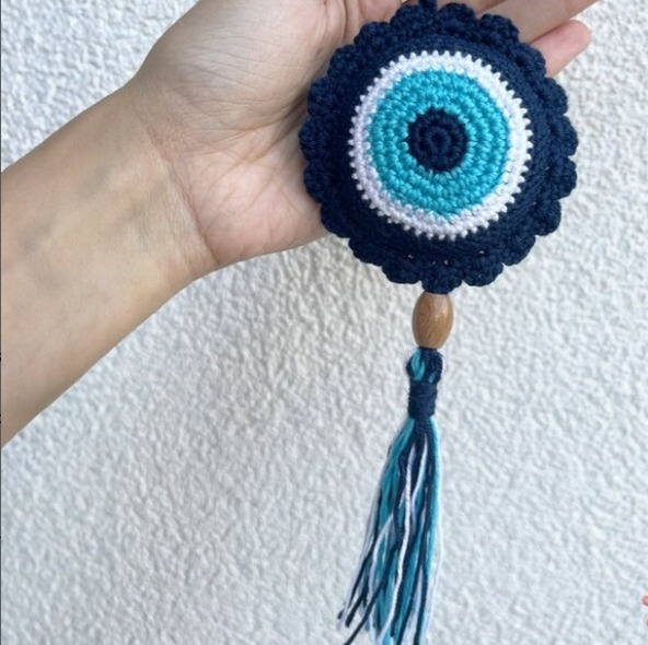 Clapjoy Crochet Evil Eye Hanging – Decorative Wall Hanging for Home & Office | Good Luck Charm | Evil Eye Protection