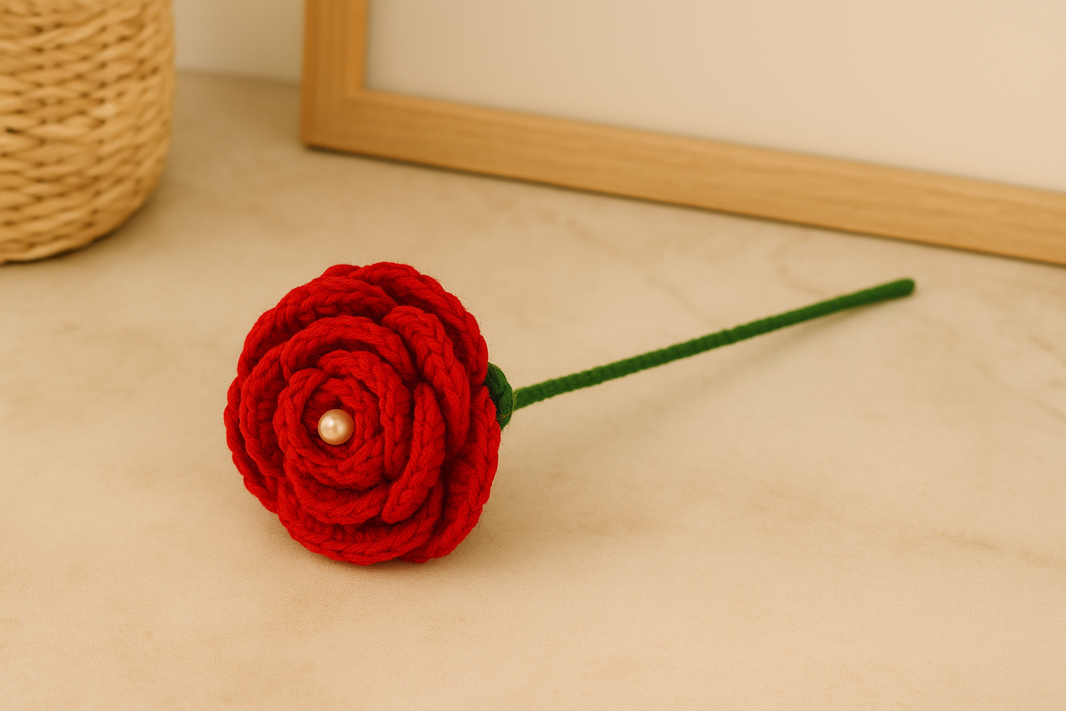 Clapjoy Handcrafted Crochet Red Rose with Stem and Leaves for Valentine’s Day, Anniversary, Birthday, and Home Decor