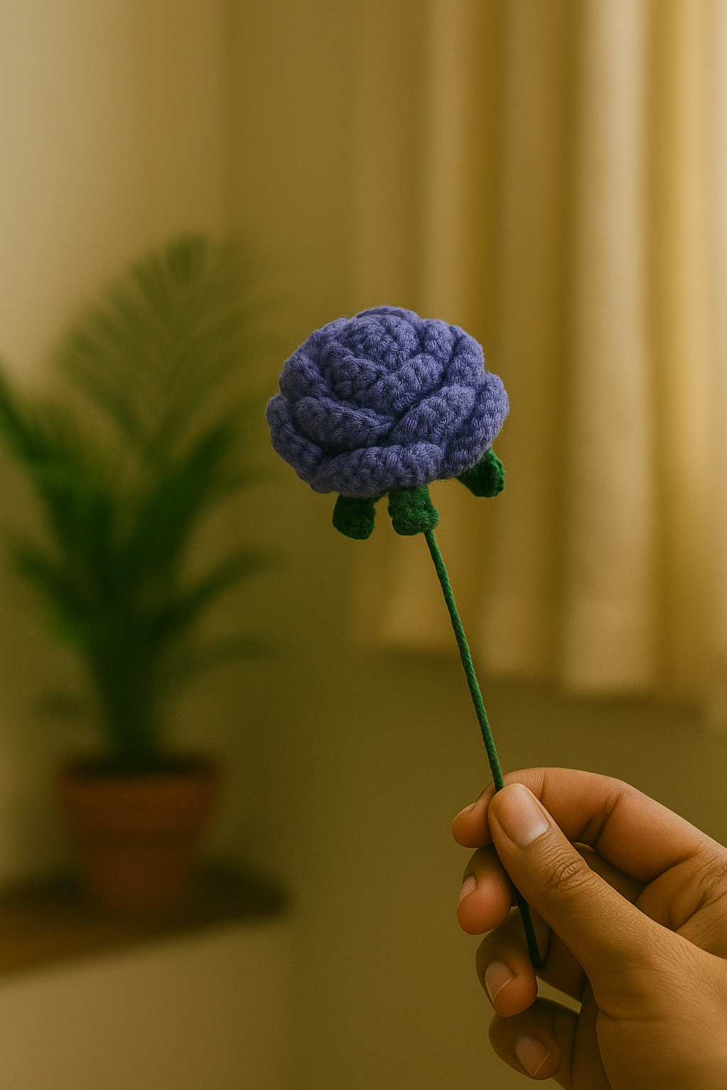 Clapjoy Handcrafted Crochet Purple Rose Flower with Stem & Leaves – Perfect for Valentine’s, Anniversary, Birthday & Home Décor. A Timeless, Elegant Gift.