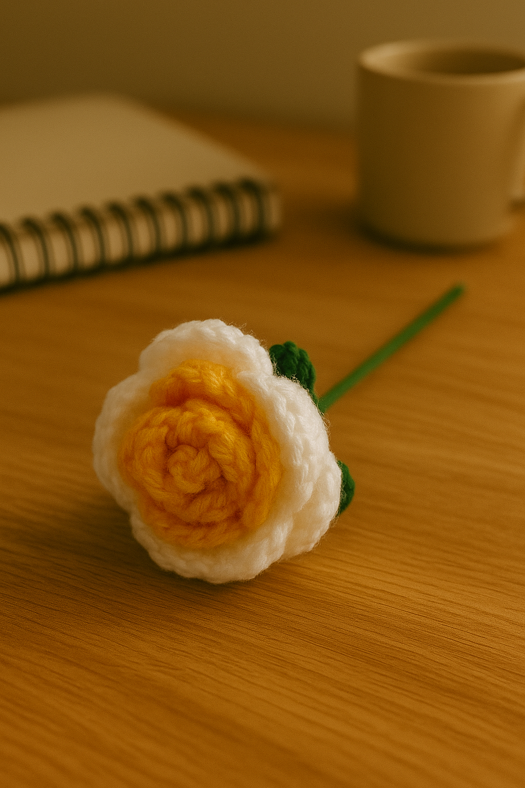 Clapjoy Handcrafted Crochet Orange,White Rose Flower with Stem & Leaves – Perfect for Valentine’s, Anniversary, Birthday & Home Décor. A Timeless, Elegant Gift.