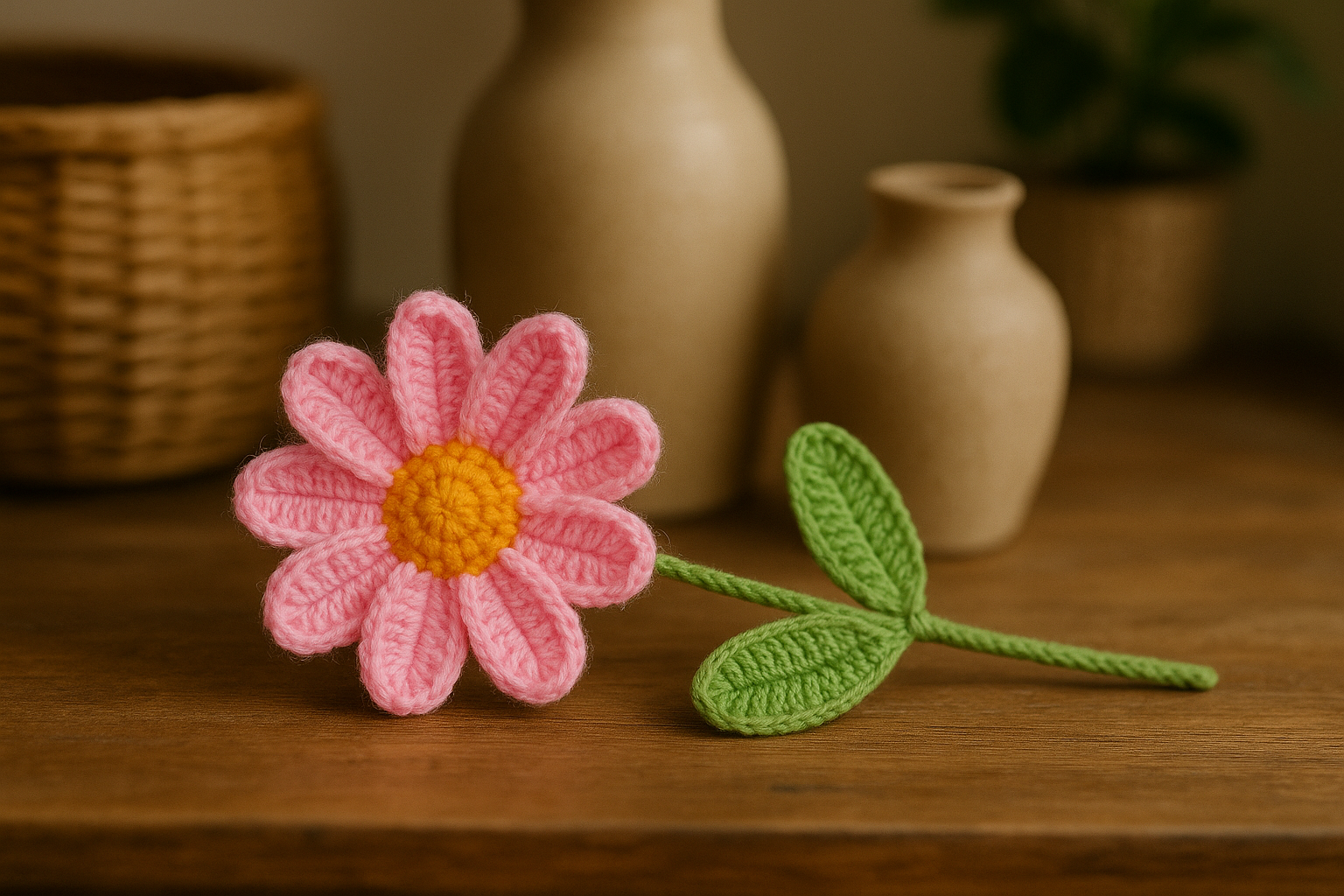 Clapjoy Handcrafted Crochet Pink Daisy Flower with Stem & Leaves – Perfect for Valentine’s, Anniversary, Birthday & Home Decor