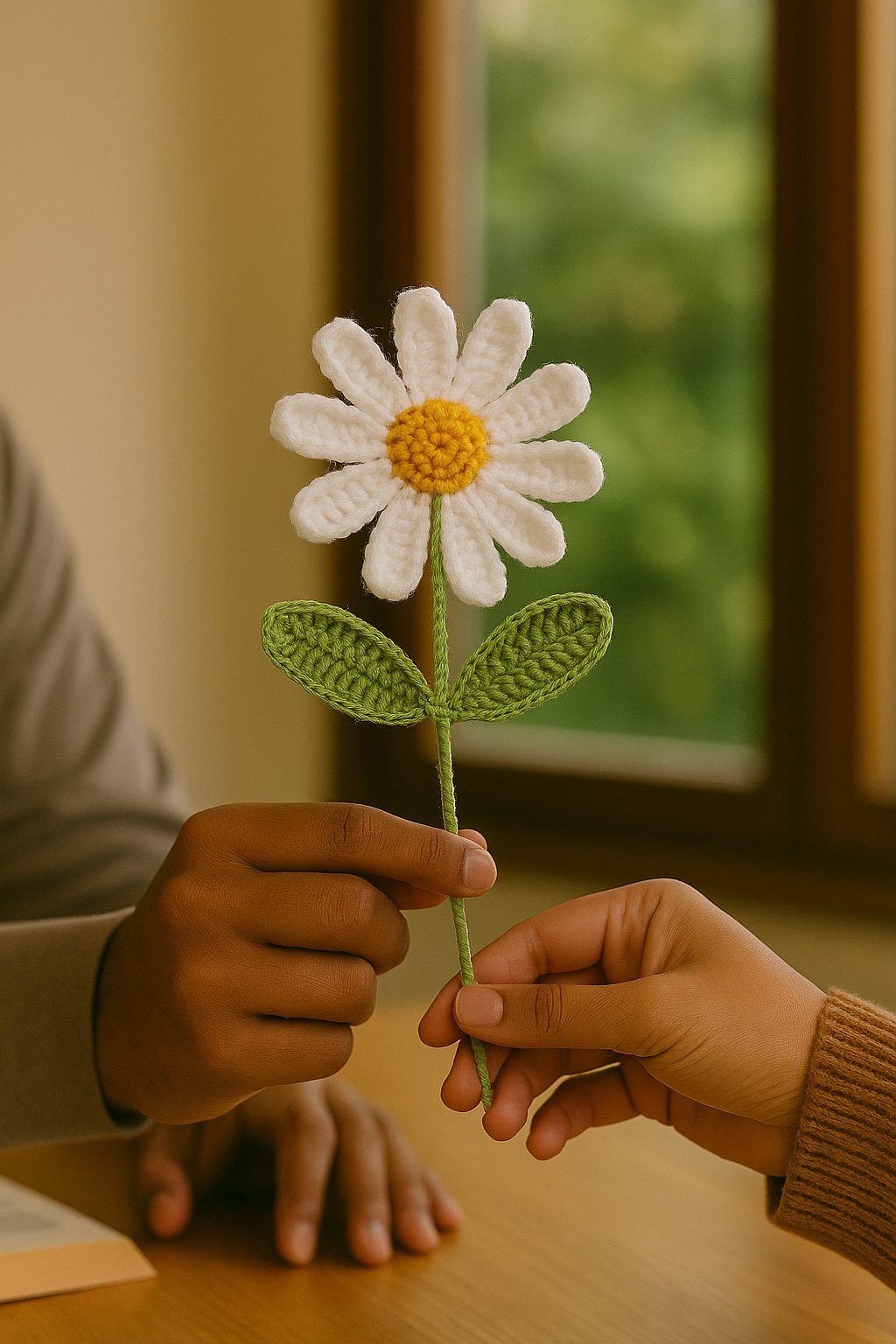 Clapjoy Handcrafted Crochet Daisy Flower with Stem & Leaves – Perfect for Valentine’s, Anniversary, Birthday & Home Décor. A Timeless, Elegant Gift.