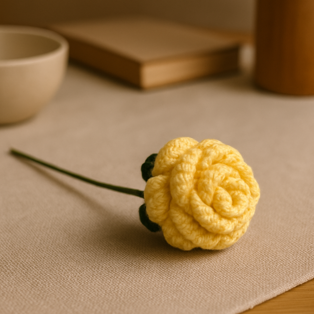 Clapjoy Handmade Crochet Yellow Rose Flower with Stem & Leaves – Perfect for Valentine’s, Anniversary, Birthday & Home Decor. A Timeless, Elegant Gift.